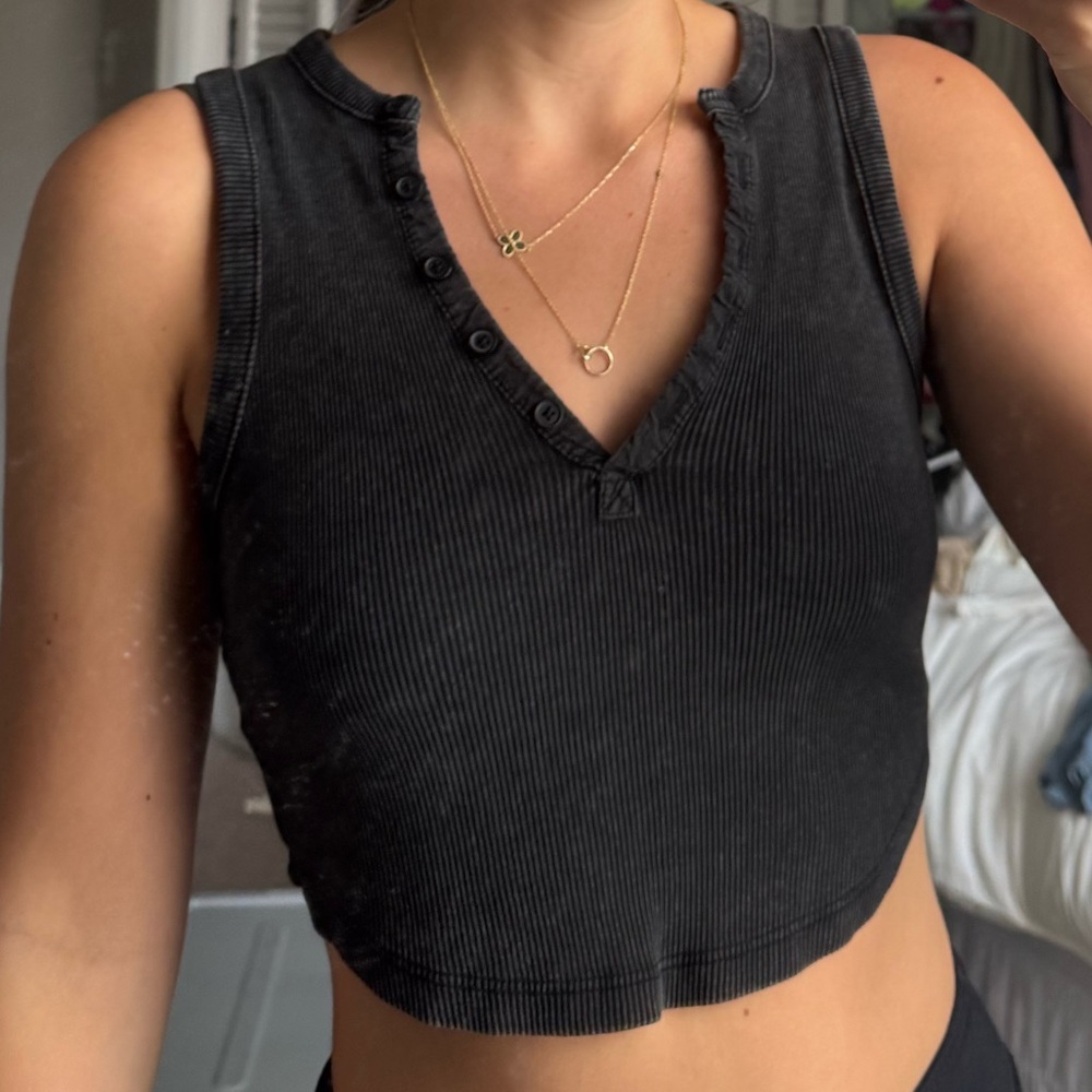 Garage Charcoal/Acid Wash Black Ribbed Cropped Tank Top